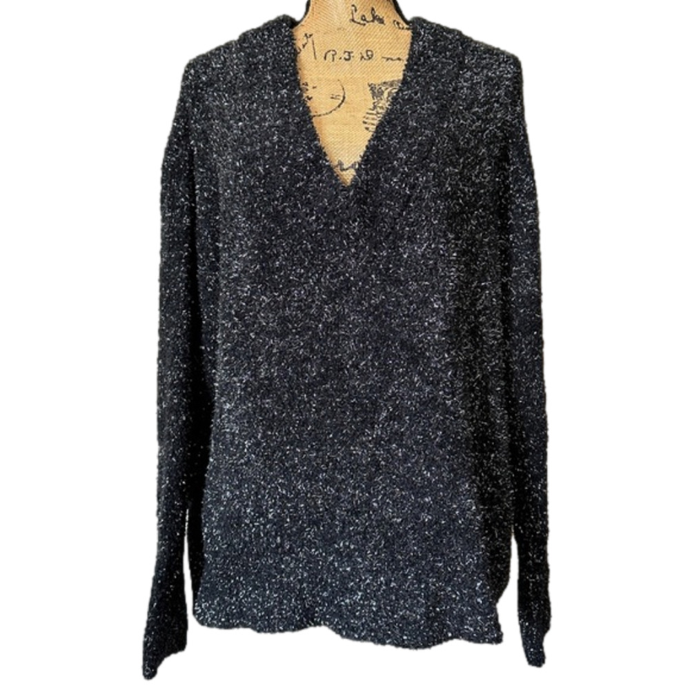 Ava & Viv Sweater Womens Black Sparkly size X 14W New Fuzzy V-Neck